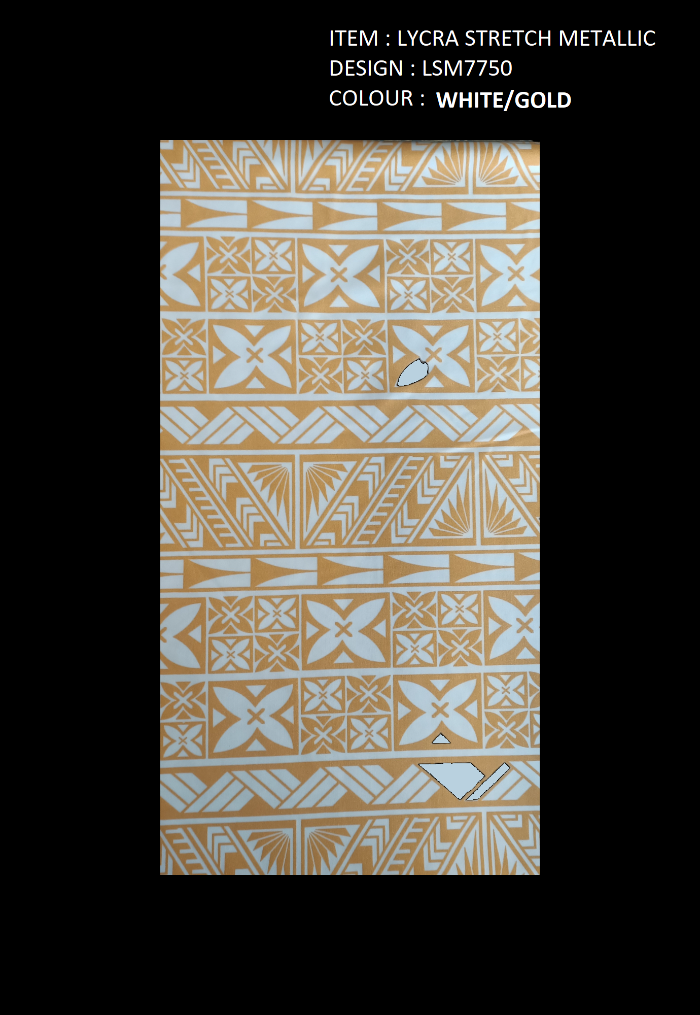 POLYNESIAN DESIGN LYCRA STRETCH METALLIC FABRIC - WHITE/GOLD