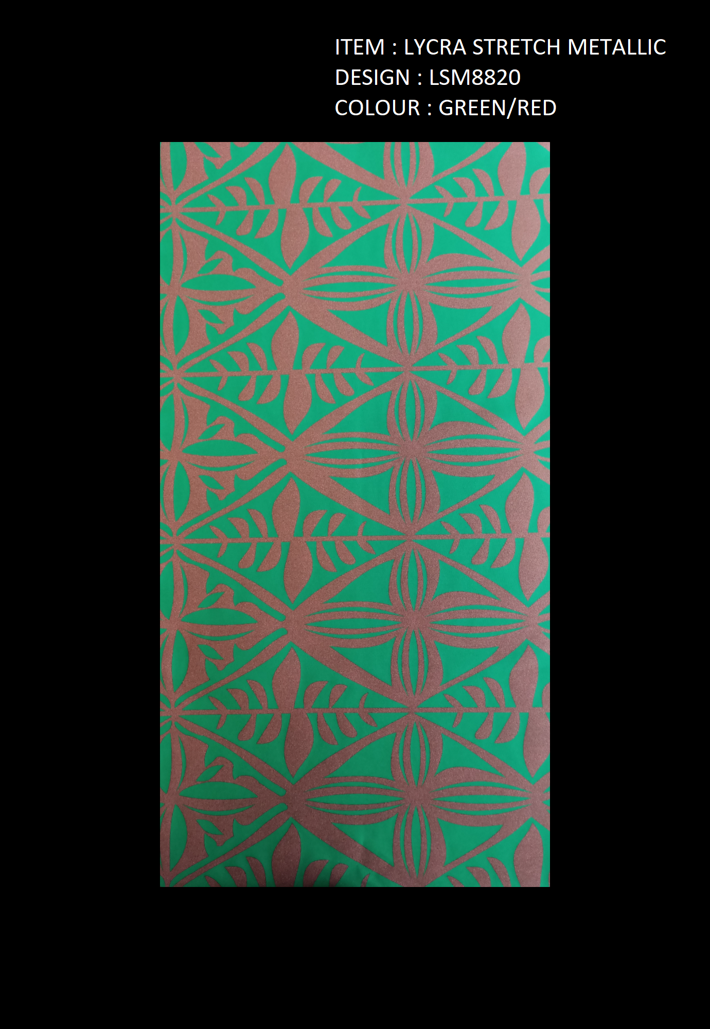 POLYNESIAN DESIGN LYCRA FABRIC METALLIC  - GREEN/RED