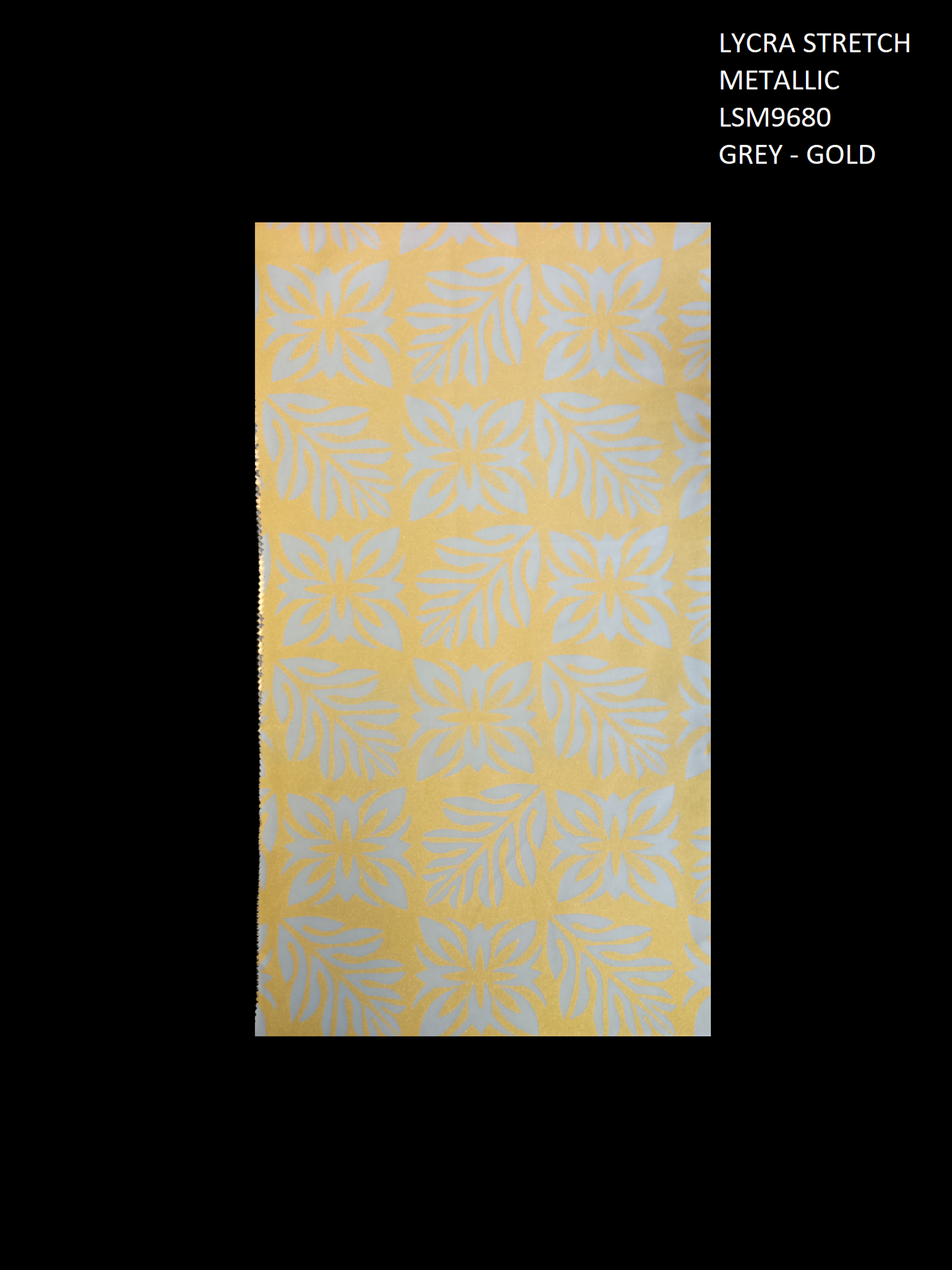 POLYNESIAN DESIGN LYCRA STRETCH METALLIC FABRIC - GREY/GOLD